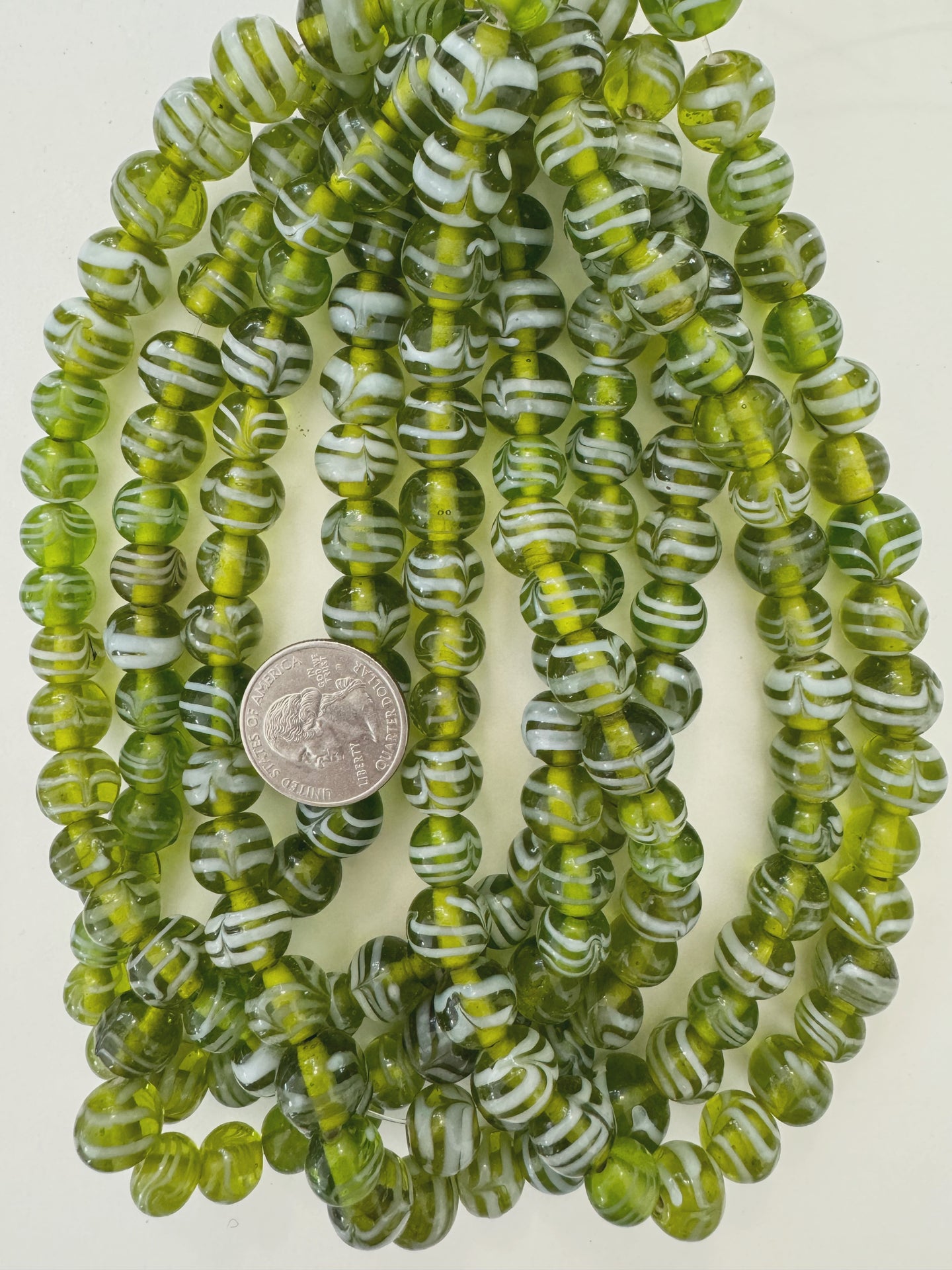 lime green white feathered swirl, vintage look glass, 9-13mm round mix, 15
