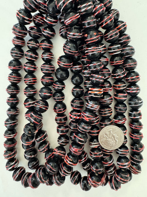 black red white raised swirl, vintage look glass, 11-14mm round mix, 15
