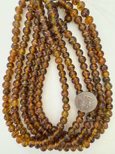 dark amber black white red metallic copper swirl, vintage look glass, 9mm round, 15" strand, sold per strand