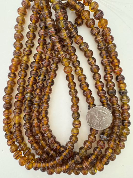 dark amber black white red metallic copper swirl, vintage look glass, 9mm round, 15
