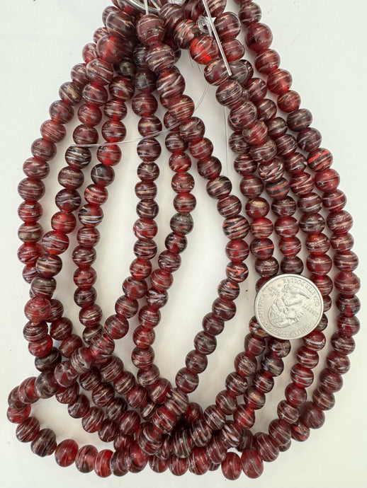 dark cherry red black white red metallic copper swirl, vintage look glass, 9mm round, 15