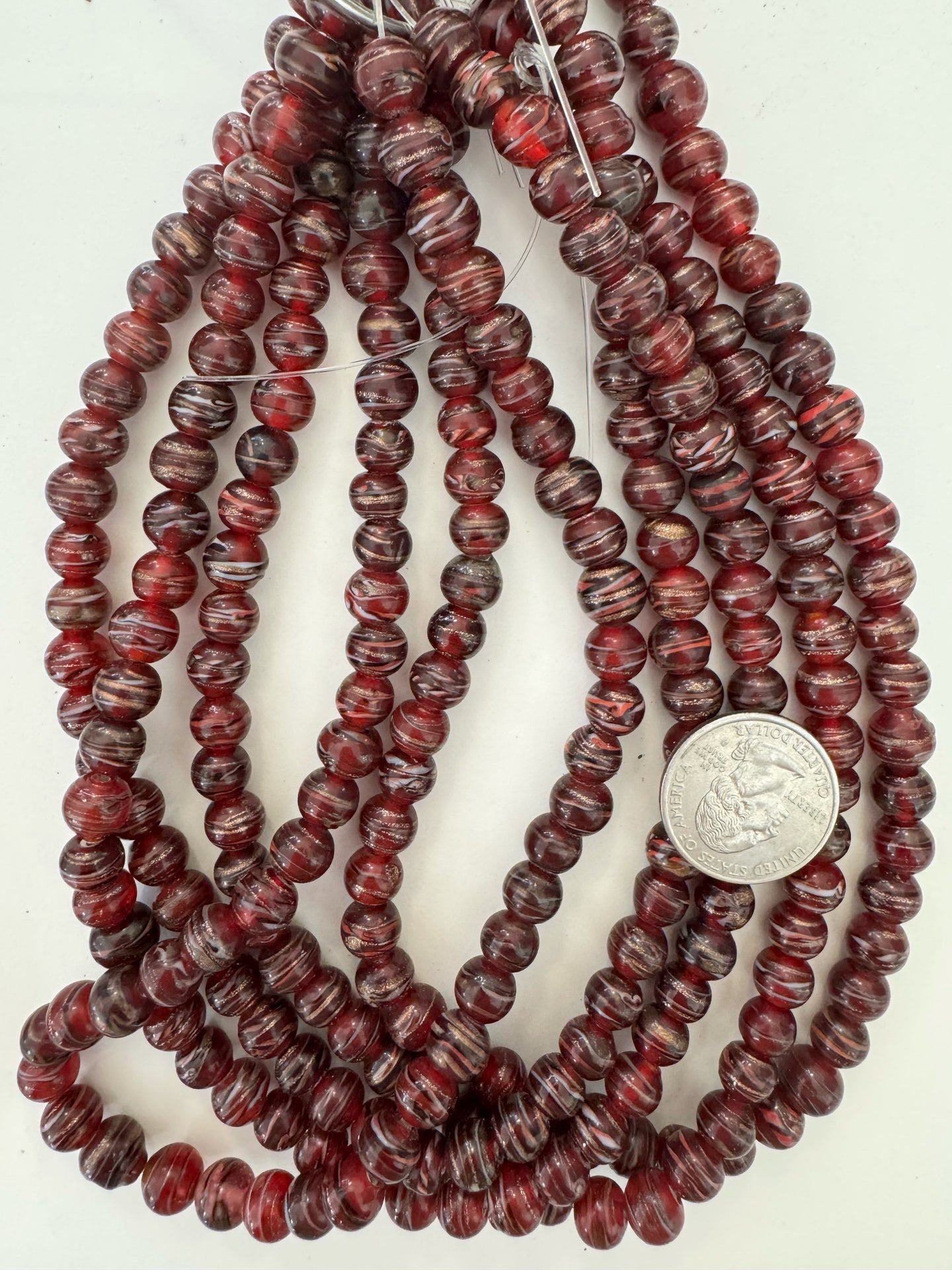 dark cherry red black white red metallic copper swirl, vintage look glass, 9mm round, 15