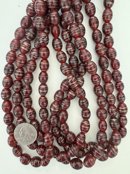 dark cherry red black white red metallic copper swirl, vintage look glass, 13x10mm bowed tube barrel, 15