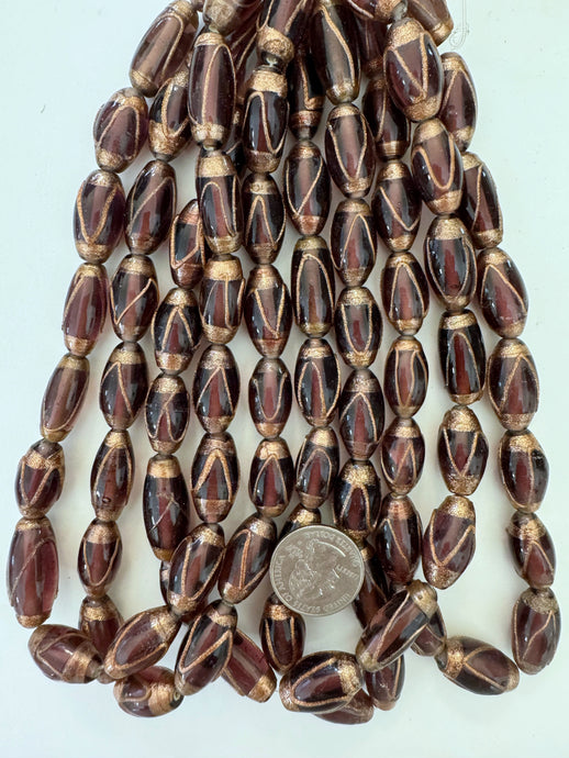 dark red purple metallic copper swirl, vintage look glass, 20-27mm bowed tube mix, 15