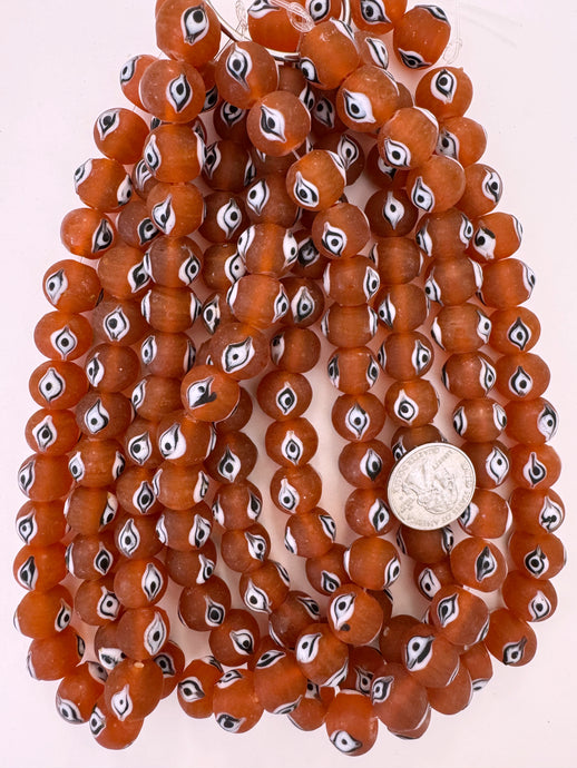 matte finish dark pale red orange black white evil eye motif, vintage look glass, 15x12mm rondelle, 15