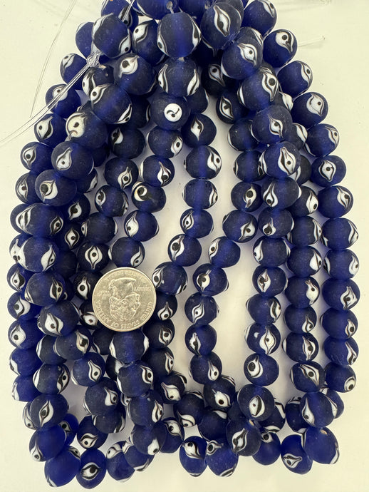 matte finish cobalt blue black white evil eye motif, vintage look glass, 14x11mm rondelle, 15