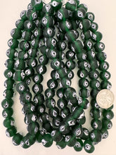 matte finish dark green black white evil eye motif, vintage look glass, 14x12mm rondelle, 15" strand, sold per strand