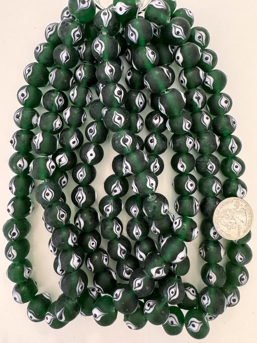 matte finish dark green black white evil eye motif, vintage look glass, 14x12mm rondelle, 15