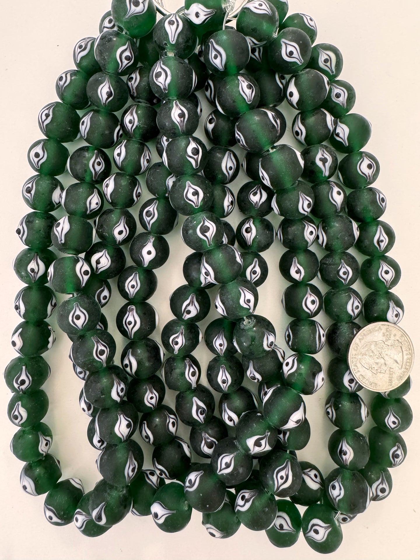 matte finish dark green black white evil eye motif, vintage look glass, 14x12mm rondelle, 15