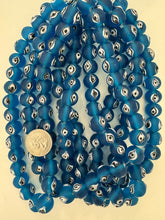 matte finish dark electric blue black white evil eye motif, vintage look glass, 14x12mm rondelle, 15" strand, sold per strand
