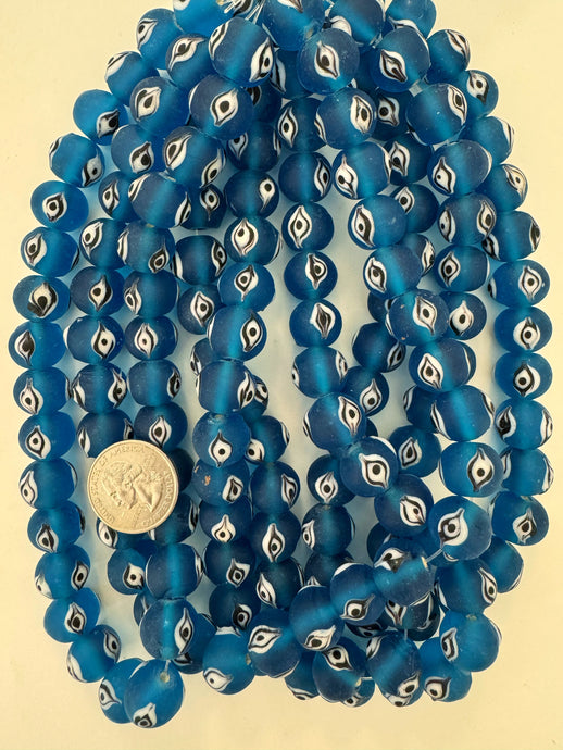 matte finish dark electric blue black white evil eye motif, vintage look glass, 14x12mm rondelle, 15