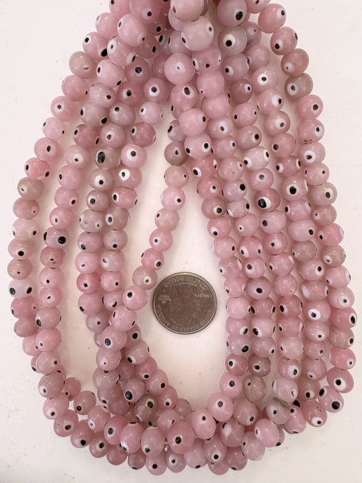 lavender pink black white evil eye motif, vintage look glass, 9x7mm rondelle, 15