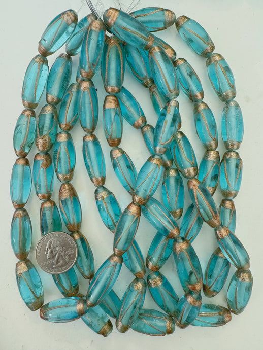 light blue metallic copper swirl, vintage look glass, 27-32mm bowed tube mix, 15