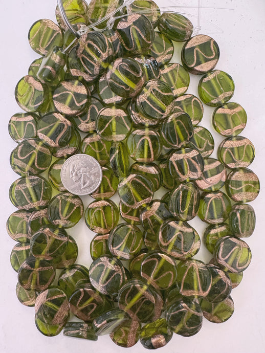 dark olive green metallic copper swirl, vintage look glass, 21x7mm coin, 15