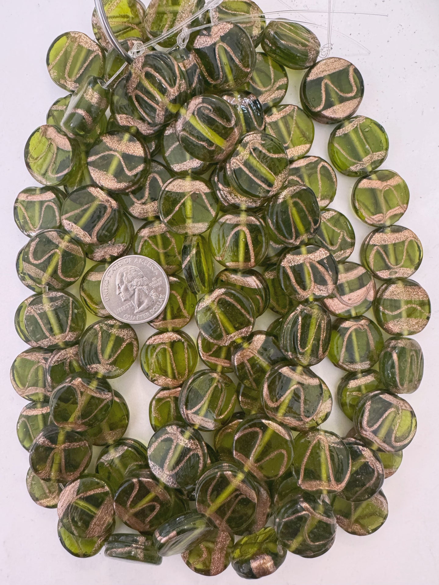 dark olive green metallic copper swirl, vintage look glass, 21x7mm coin, 15