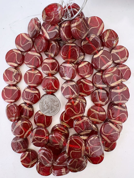 dark red metallic copper swirl, vintage look glass, 21x7mm coin, 15