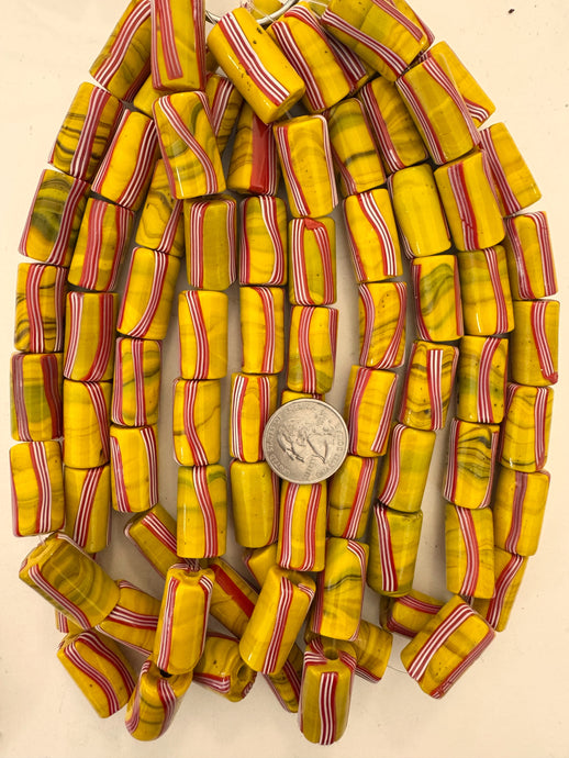 mustard yellow dark swirl red white stripe, vintage look glass, 25x14mm tube, 15