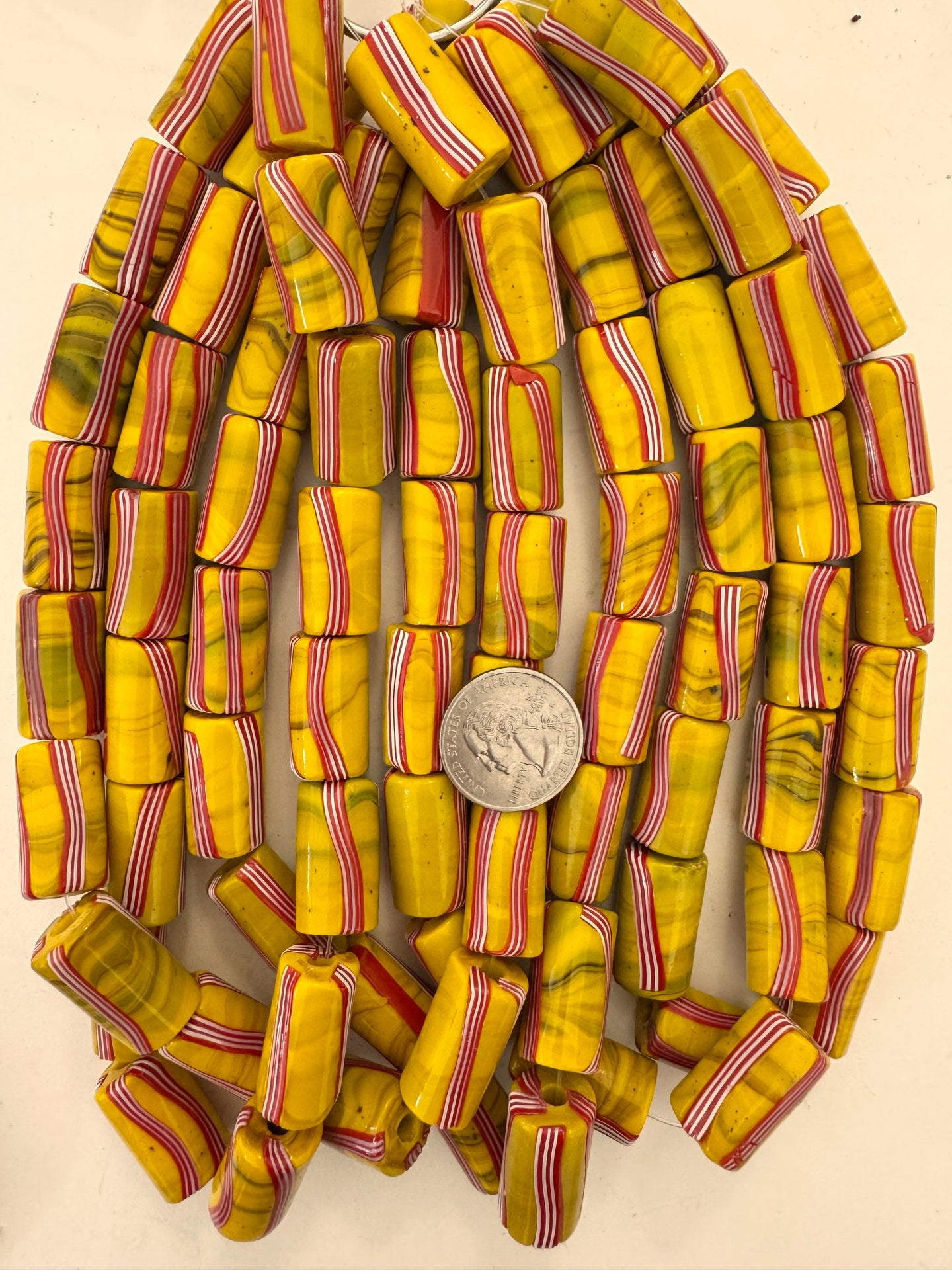 mustard yellow dark swirl red white stripe, vintage look glass, 25x14mm tube, 15