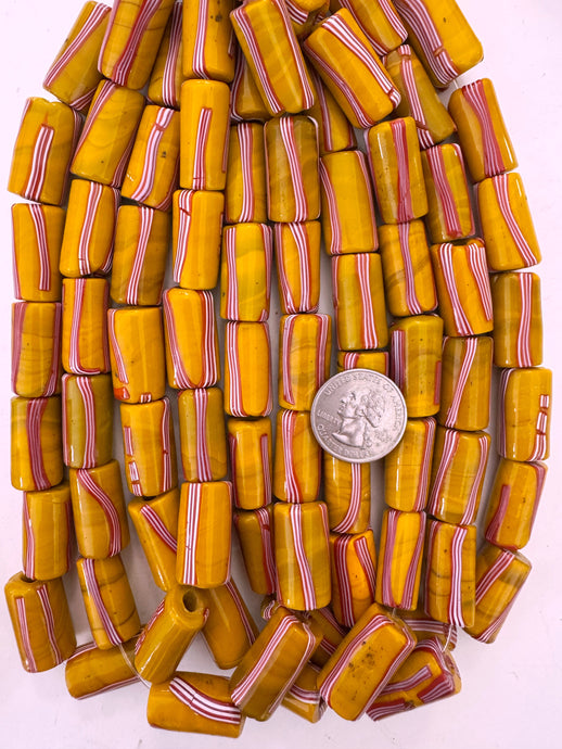 dark pale yellow orange dark swirl red white stripe, vintage look glass, 23x13mm tube, 15