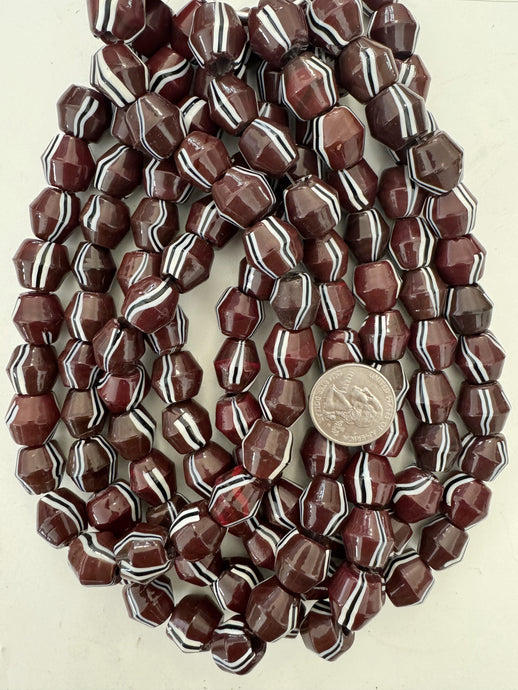dark red brown black white stripe, vintage look glass, 15mm bicone, 15