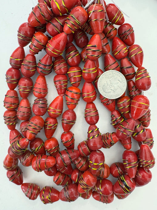 dark pale red orange yellow black raised stripe, vintage look glass, 20x13mm teardrop pear, 15
