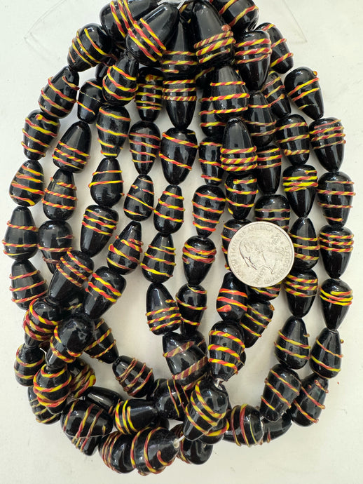 black yellow red raised stripe, vintage look glass, 20x13mm teardrop pear, 15