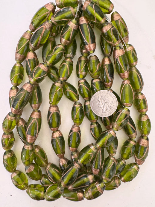 dark olive green metallic copper swirl, vintage look glass, 20-30mm tube mix, 15