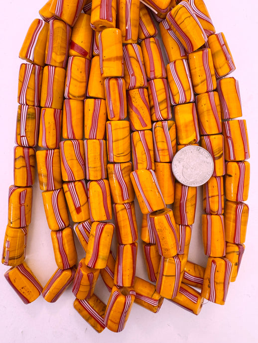 pale orange dark swirl red white stripe, vintage look glass, 23x13mm tube, 15