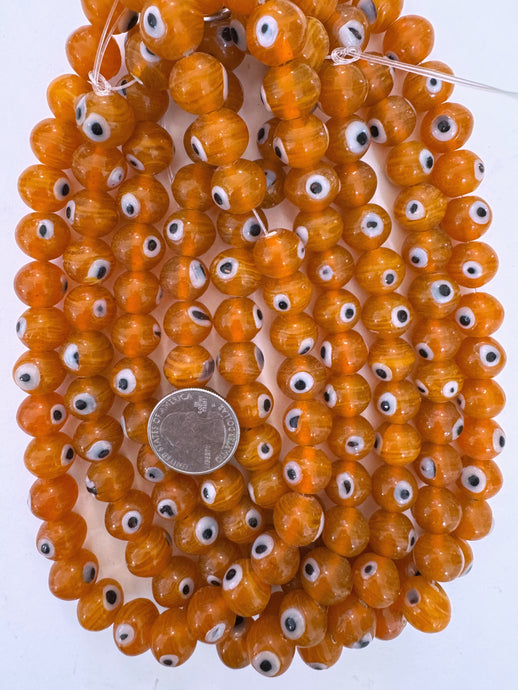dark pale red orange white swirl, black white evil eye, vintage look glass, 13x12mm rondelle, 15
