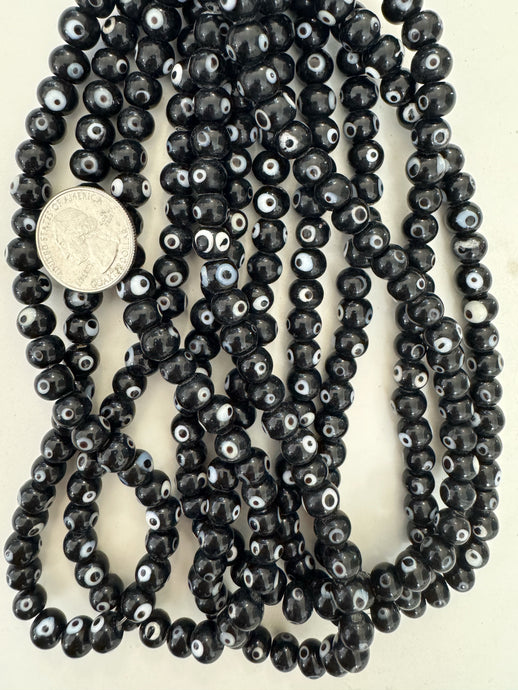 black white evil eye, vintage look glass, 8x7mm rondelle, 15