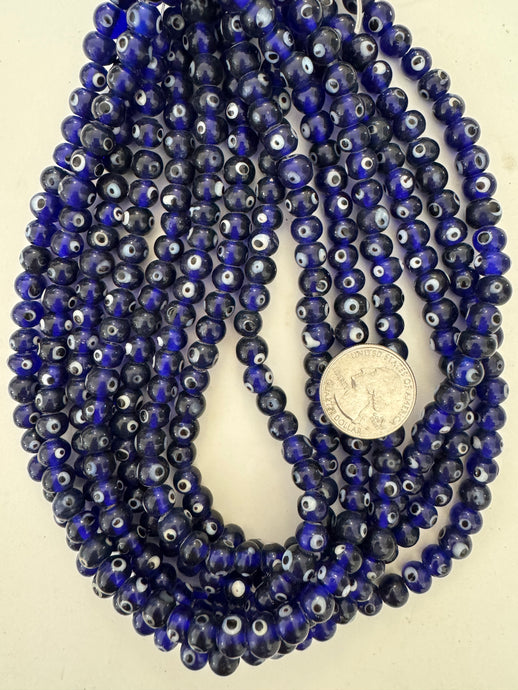 cobalt blue black white evil eye, vintage look glass, 7x6mm rondelle, 15