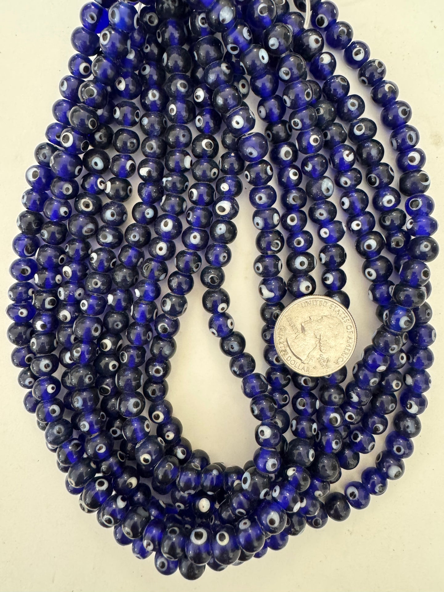 cobalt blue black white evil eye, vintage look glass, 7x6mm rondelle, 15