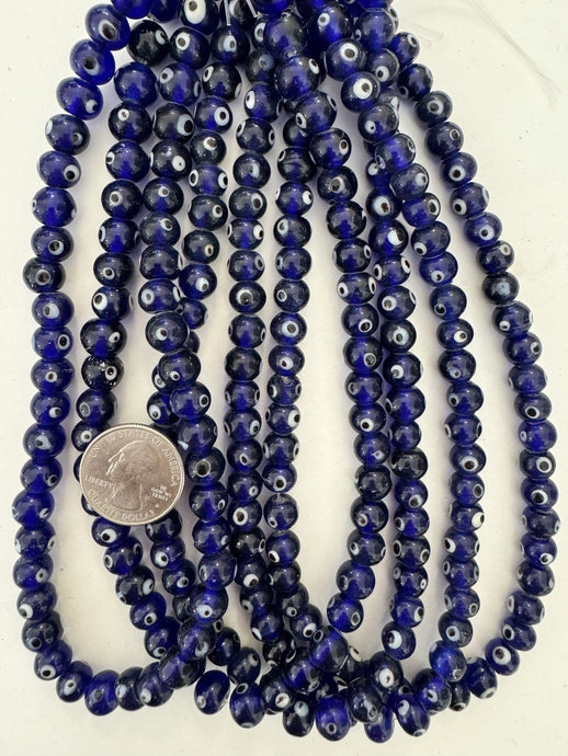 cobalt blue black white evil eye, vintage look glass, 9x8mm rondelle, 15