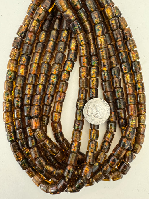 dark brown golden amber green swirl, vintage look glass, 10x9mm barrel tube, 15