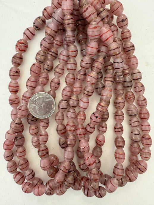 dark pale lavender pink red black white metallic copper swirl, vintage look glass, 10x9mm barrel tube, 15