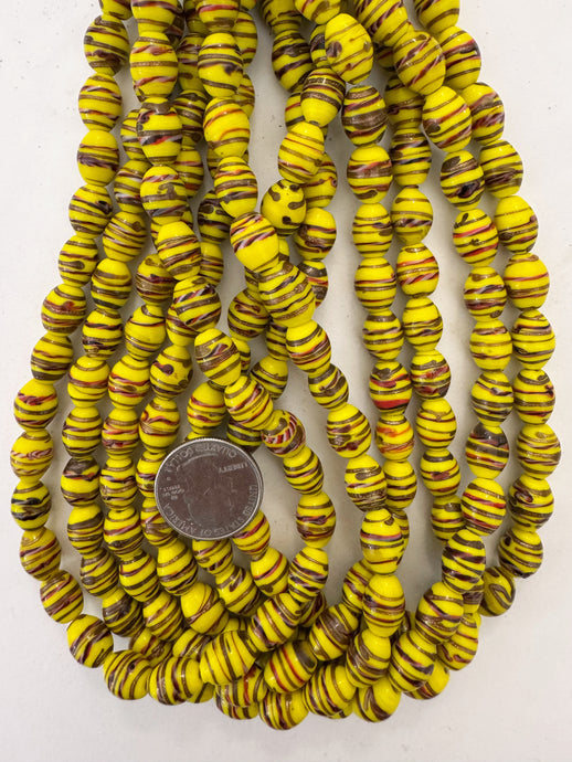 yellow red black white metallic copper swirl, vintage look glass, 12x9mm bowed tube, 15