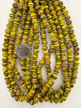 yellow red black white metallic copper swirl, vintage look glass, 9mm round, 15" strand, sold per strand