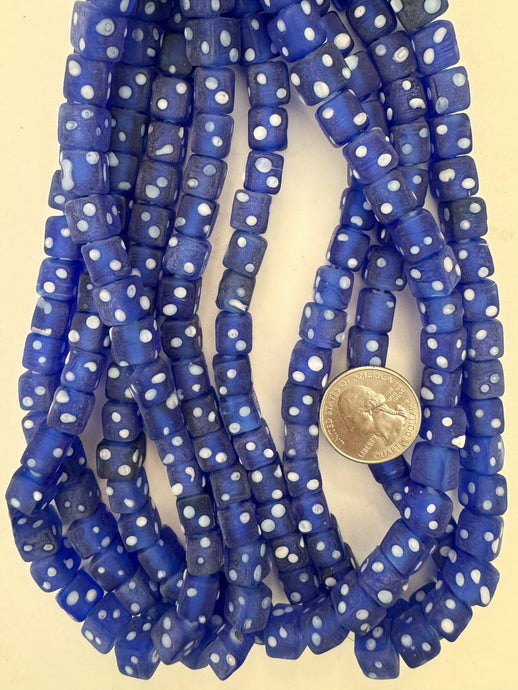matte blue white polka dot, vintage look glass, 9mm cube, 15