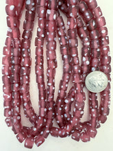 matte dark pale red purple white polka dot, vintage look glass, 9mm cube, 15" strand, sold per strand