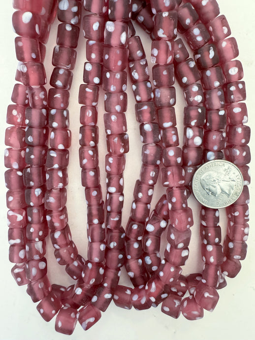 matte dark pale red purple white polka dot, vintage look glass, 9mm cube, 15