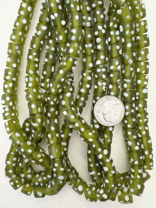 matte pale dark olive green white polka dot, vintage look glass, 9mm cube, 15