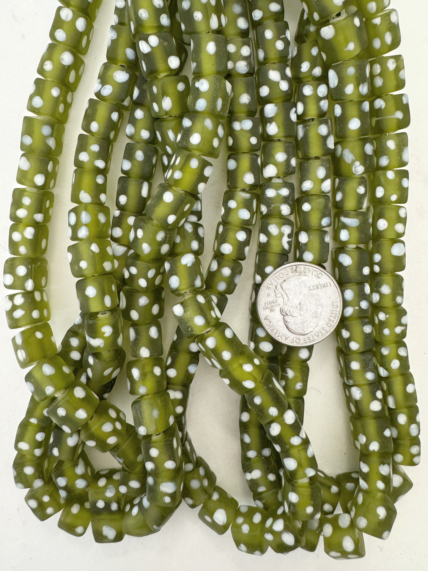 matte pale dark olive green white polka dot, vintage look glass, 9mm cube, 15