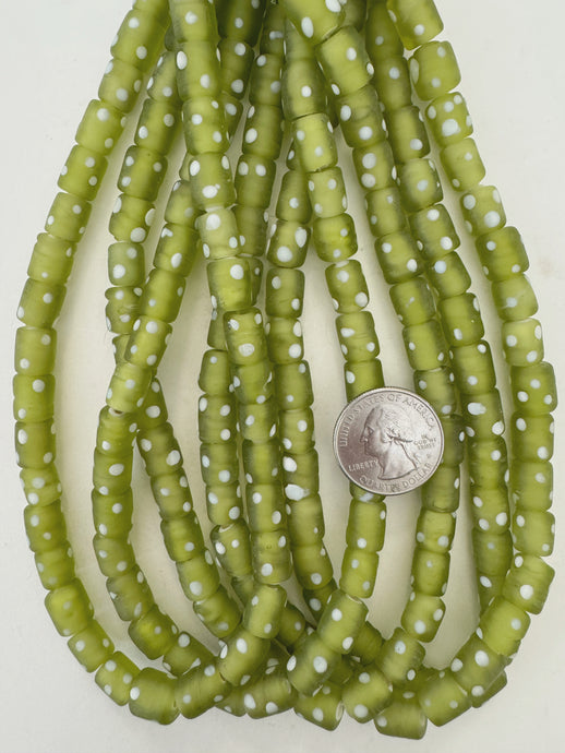 matte pale olive green white polka dot, vintage look glass, 11x8mm tube, 15