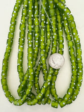 matte pale green white polka dot, vintage look glass, 11x8mm tube, 15" strand, sold per strand