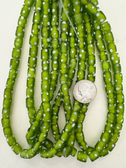 matte pale green white polka dot, vintage look glass, 11x8mm tube, 15