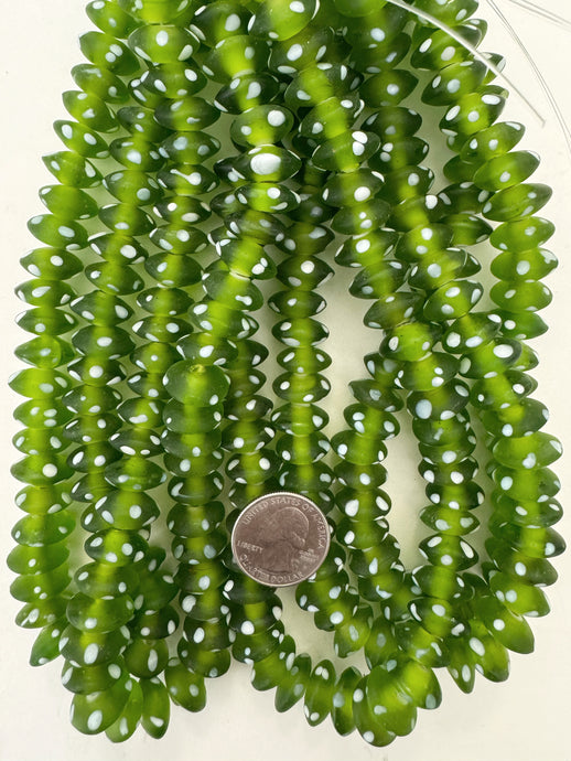 matte pale green white polka dot, vintage look glass, 15x7mm pointed rondelle, 15