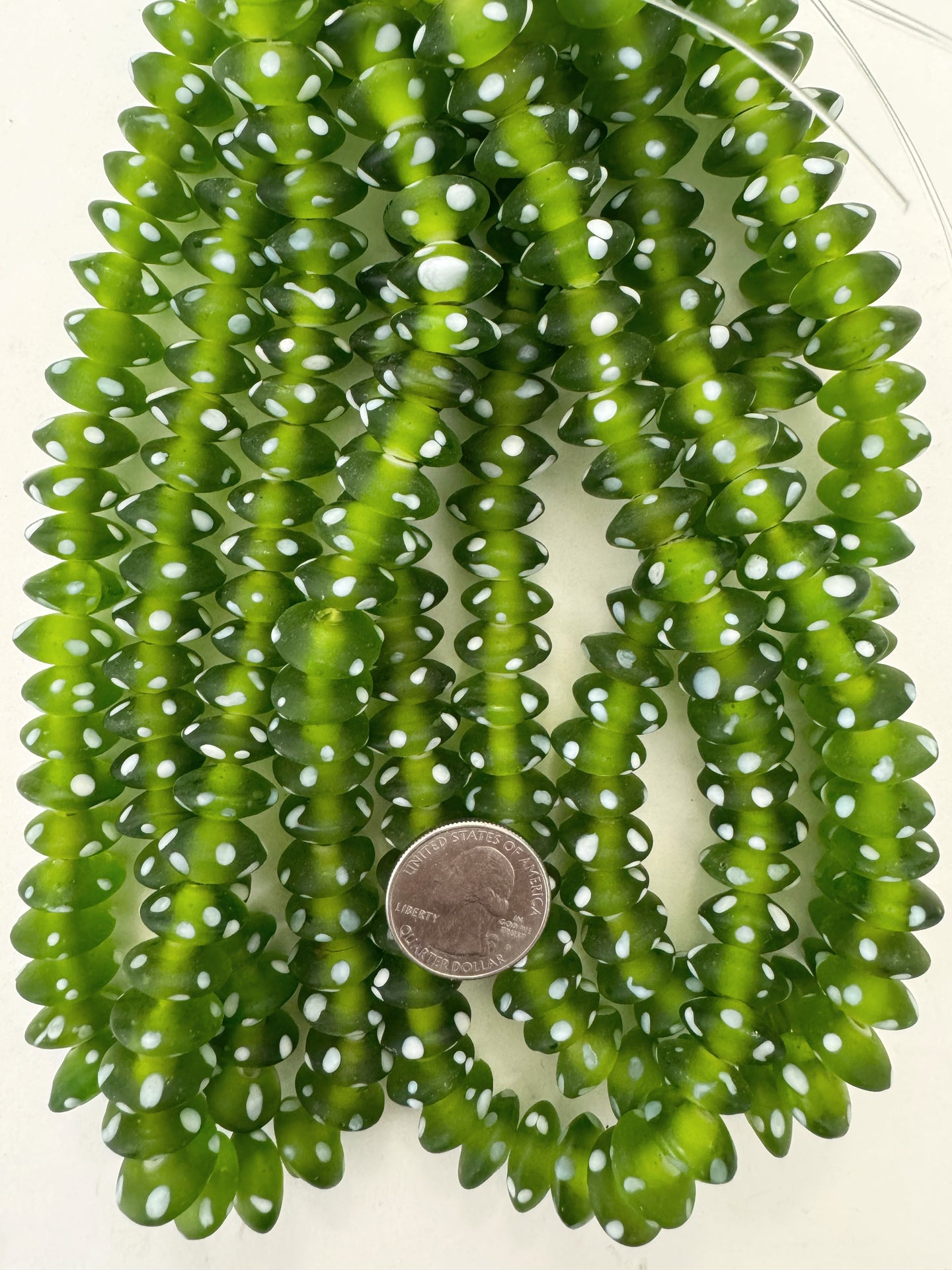 matte pale green white polka dot, vintage look glass, 15x7mm pointed rondelle, 15