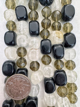 crystal quartz smokey quartz onyx, 10-15mm shape mix, 15" strand, SOLD PER STRAND