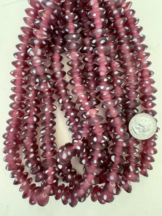 matte dark pale red purple white polka dot, vintage look glass, 15x7mm pointed rondelle, 15
