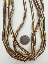 golden brown off white, lines motif, vintage stock bone, 24x6mm bowed tube, 15" strand, sold per strand (batch 2)